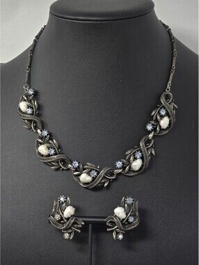 Vintage Coro Faux Pearl Blue Rhinestone Necklace Earring Set